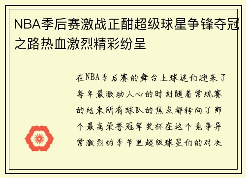 NBA季后赛激战正酣超级球星争锋夺冠之路热血激烈精彩纷呈
