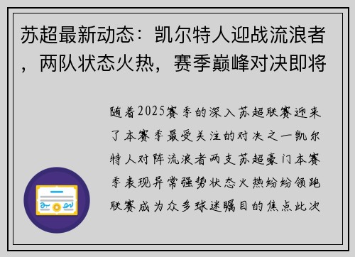 苏超最新动态：凯尔特人迎战流浪者，两队状态火热，赛季巅峰对决即将上演
