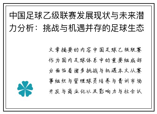 中国足球乙级联赛发展现状与未来潜力分析：挑战与机遇并存的足球生态