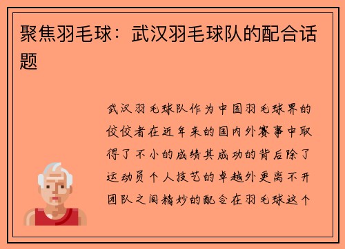 聚焦羽毛球：武汉羽毛球队的配合话题