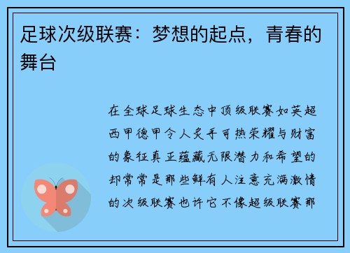 足球次级联赛：梦想的起点，青春的舞台