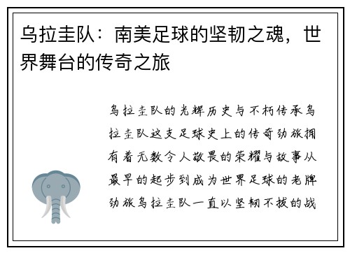 乌拉圭队：南美足球的坚韧之魂，世界舞台的传奇之旅