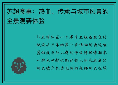 苏超赛事：热血、传承与城市风景的全景观赛体验