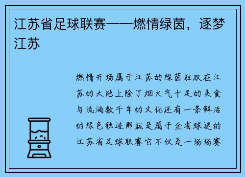 江苏省足球联赛——燃情绿茵，逐梦江苏