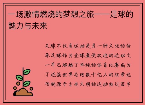 一场激情燃烧的梦想之旅——足球的魅力与未来